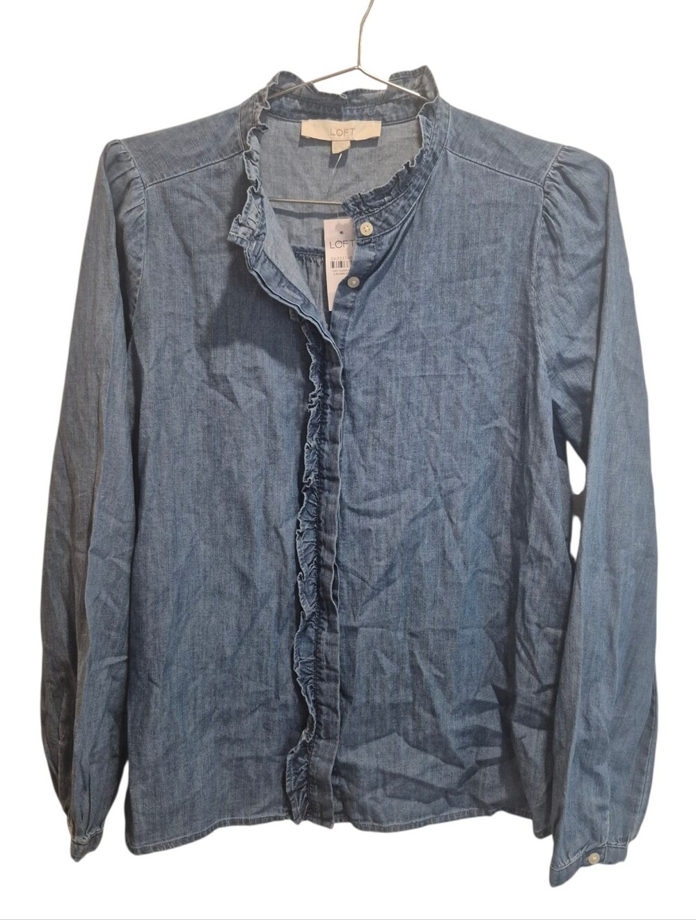 New LOFT Small Ruffle Chambray Blue Button Blouse Shirt NWT Cotton